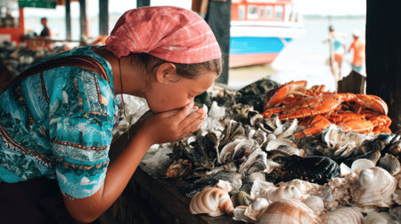 Worker smelling fresh mollusks held close to the nose to assess their oceanfresh aroma in a bright seafood market.の素材