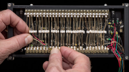 Closeup of hands finetuning dot matrix printer printhead mechanism focusing on needle alignment to improve clarity in receipt and invoice printing.の素材