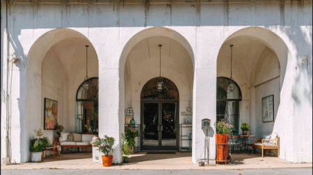 Medium shot of an auction house exterior framed by elegant arches and minimalist decor highlighting a blend of oldworld charm and modern design.の素材