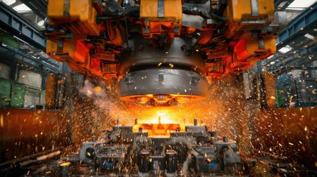 Medium shot of high pressure magnesium die pressing machine shaping molten metal into precise forms with bright sparks flying around the work area.の素材