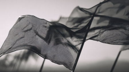 Medium shot capturing detailed mesh wide format banner fluttering in wind highlighting durability and visibility for outdoor events.の素材