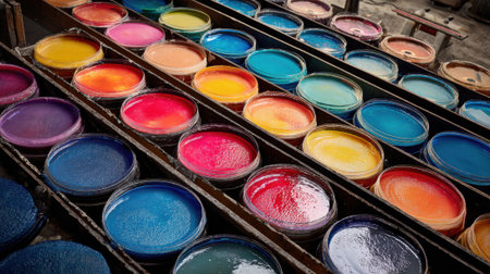 Medium shot of colorful environmentally safe dyes drying on freshly produced records illustrating commitment to toxinfree vinyl productionの素材