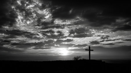 The silhouette of the cross appears almost weightless against the vast expanse of the sky, signifying the weightlessness of sin after Christs sacrificeの素材