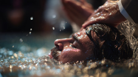 Closeup of a pastor baptizing a new believer, illustrating the fulfillment of the Great Commissions instruction to baptize in the name of the Father, Son, and Holy Spiritの素材