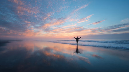 Concept photo of a person standing on a beach, arms raised to the sky as they feel the connection between the vast ocean and expansive sky, finding peace and serenity in their presenceの素材
