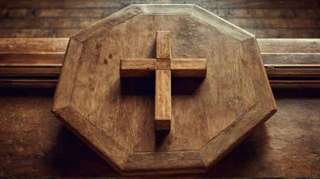 Concept photo of a simple wooden cross p at the center of a communion table, representing the sacrifice of Jesus and the centrality of the Eucharist in Christian worshipの素材