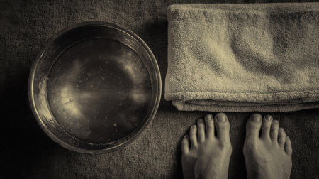 A simple yet powerful image of a bowl of water, a towel, and a pair of feet, epitomizing the essence of the foot washing ceremony as an act of love and servitudeの素材