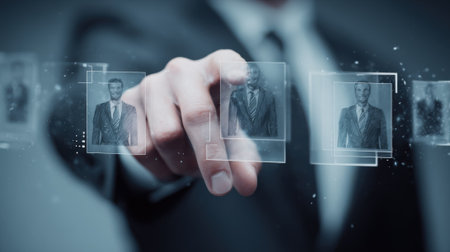 Dynamic medium shot of recruiter reviewing diverse candidate profiles on screen emphasizing strategic talent pool expansion techniques for increased workforce diversity.の素材