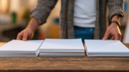 Side view of a creative selecting between glossy and matte sheets demonstrating the decision process for print finishes based on project style and presentation needs.の素材