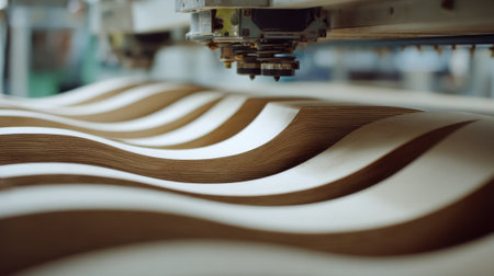 Medium shot showing curved wood panels being shaped by CNC technology emphasizing intricate design capability and seamless craftsmanship in automated cutting.の素材