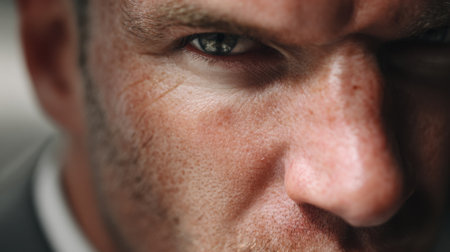 Medium shot capturing stern facial expression coaching focusing on firm jawlines and intense eye contact to convey seriousness and authority.の素材