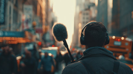 Medium shot of a sound technician navigating busy city streets with a directional microphone isolating urban ambiance and street noises.の素材