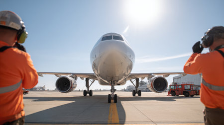 Medium shot of ground crew guiding aircraft towing on a bright sunny day focusing on communication and safety protocols during tarmac movement.の素材