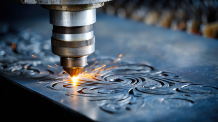Closeup of AIassisted engraving machine optimizing detailed patterns on metal surface in realtime showcasing precision and fluid motion for enhanced craftsmanship.の素材