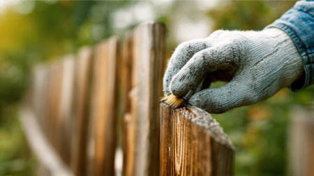 Medium shot of a craftsman applying plantbased biodegradable wood sealant on a rustic wooden fence emphasizing sustainable and ecofriendly protection.の素材