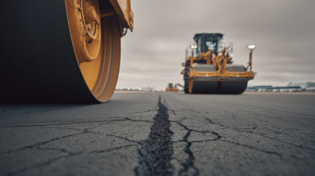 Medium shot focusing on close interaction between rubber removal equipment and runway surface under overcast lighting illustrating thorough maintenance effortsの素材