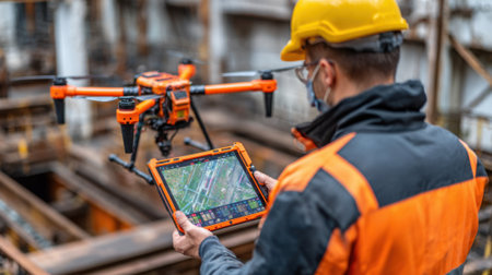 Medium shot of professional monitoring drone feed on tablet while conducting routine inspection of elevated structures emphasizing precision and safety measures.の素材