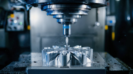 Shot of a CNC machining center performing multiaxis milling on a complex casting emphasizing synchronized tool movements and precision control in a manufacturing setting.の素材
