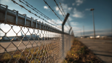 Medium shot of electronic perimeter fence featuring integrated alarm sensors to detect unauthorized access at airport boundaries for enhanced security measures.の素材