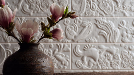 Midrange focus on a decorative incised design on ceramic blending animalinspired shapes with elegant repetitive patterns in deep etched relief.の素材