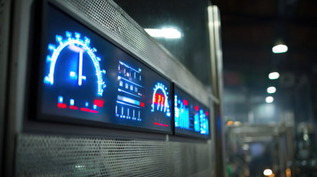 Medium shot of a control panel with illuminated displays monitoring mercury vapor recovery in a modern processing facility under hightech lightingの素材