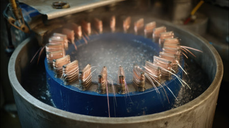 Industrial setting medium shot capturing batch electroplating with visible electrical currents coating mass metal components in rotating drums.の素材