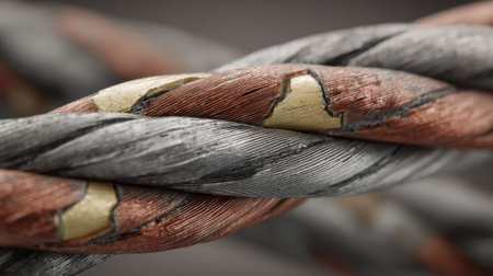 Closeup medium shot of twisted pair copper cables showcasing detailed wiring and insulation layers highlighting typical communication cable structureの素材