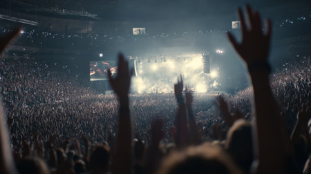 Medium shot capturing a dynamic concert scene with musicians playing instruments and fans cheering in openair setting.の素材