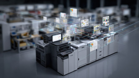 Medium shot of an internetconnected printer seamlessly managing multiple print jobs with automated diagnostics to prevent downtime.の素材