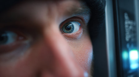Medium shot capturing an individual looking directly into a retina scanner for hightech biometric authentication at a restricted facility entrance.の素材