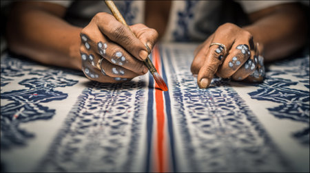 Medium shot of craftsman meticulously handpainting intricate patterns on cloth using brushes emphasizing detailed technique and traditional artistic expressionの素材
