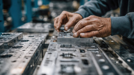 Medium shot of an engineer aligning metal molds on a steel frame to ensure perfect diecast shapesの素材