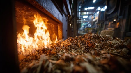 Medium shot of a furnace fueled by biofuel emphasizing sustainable energy use with natural organic materials burning in an industrial facilityの素材