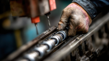 Closeup of hands applying mineral oil lubricant evenly on metal wires for smooth operation and extended durability in industrial machineryの素材