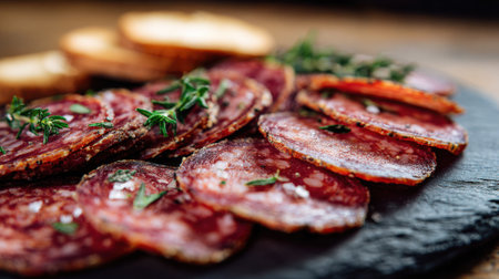 Medium shot of artisan charcuterie board featuring thinly sliced salami with herbs highlighting the rich marbling and traditional curing technique.の素材