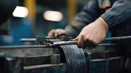 Medium shot of a skilled technician performing continuous annealing on coiled wire to enhance flexibility and reduce hardness in an industrial setting.の素材