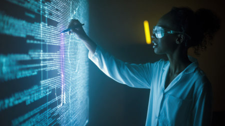 Dynamic medium shot showing a researcher interacting with an intelligent AI system visualizing complex document titles on a glowing screen.の素材