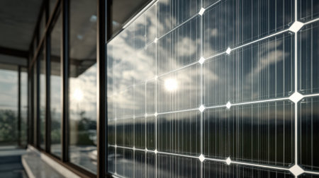 Medium shot of transparent solar panels integrated into window glass showcasing sustainable energy generation in modern architecture.の素材