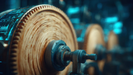 Medium shot of IoTconnected planers displaying live performance data on digital screens during wood processing in a modern factory setting for efficiency analysis.の素材