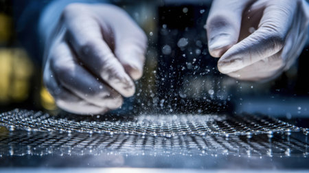 Dynamic medium shot of researcher testing strength of grapheneoxide coated material under stress showcasing durability and reinforcement benefits.の素材