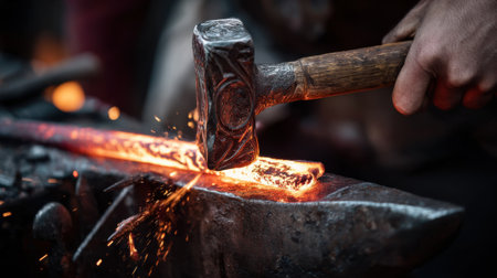 Medium shot of a craftsman skillfully joining metal at a tjoint using forge welding highlighting precise hammer strikes and hot weld areas.の素材
