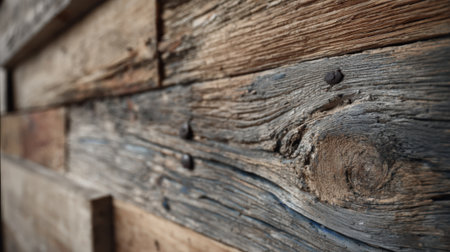 Medium shot capturing the detailed grain and imperfections of weathered reclaimed wood in a green building project illustrating commitment to sustainable design and resourceの素材