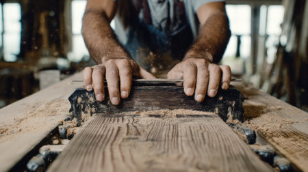 Woodworkers hands guiding a planer over uneven pine boards in a medium frame capturing the precision and craftsmanship involved.の素材