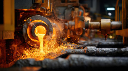 Medium shot capturing a pump mechanism transferring molten metal through insulated pipes highlighting industrial efficiency and safety measures.の素材