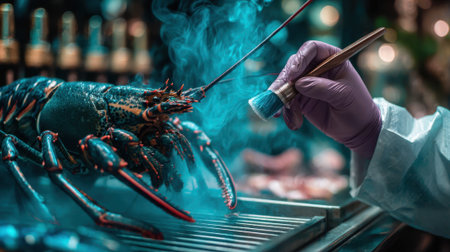 Medium shot capturing detailed brushing and debris removal inside the lobster tank during biweekly upkeep to maintain optimal living conditions.の素材