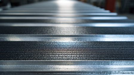 Closeup of ribbed aluminum flooring profiles showcasing textured surfaces for enhanced grip and durability in industrial and commercial flooring applications.の素材