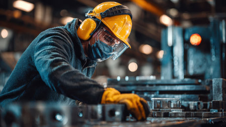 Worker wearing full PPE including gloves and goggles while operating a metal stamping machine in an industrial settingの素材