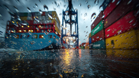 Cranes carefully lifting colorful containers off a cargo ship under steady rain creating reflective wet surfaces and a moody atmosphere at the busy port.の素材