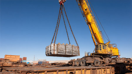 Outdoor heavyduty die casting operation featuring a large industrial crane lifting sizable cast parts under bright daylight.の素材