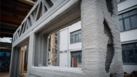 Medium view of composite 3D printed house walls being assembled highlighting the blend of materials that enhance energy efficiency and structural integrity.の素材
